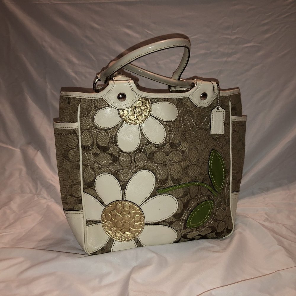 Coach Tan and White Fabric Logo Bag with Matching Wallet